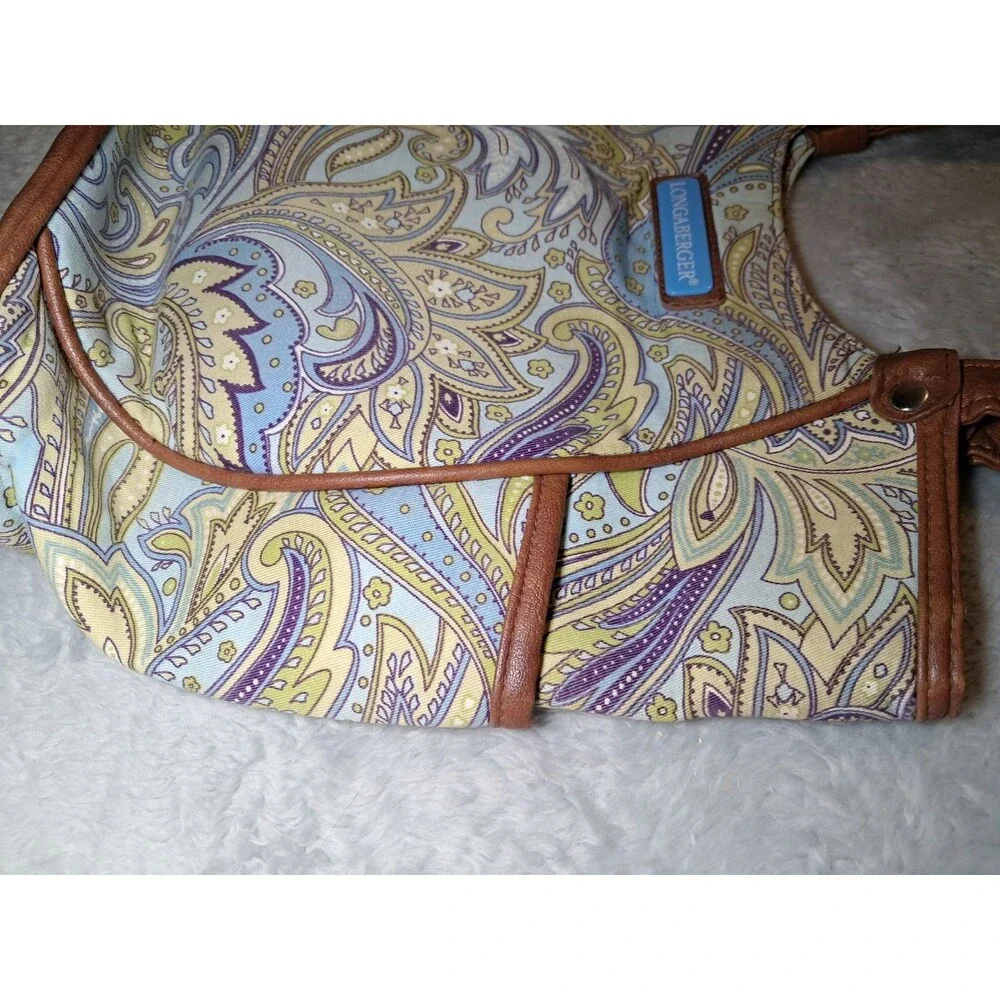 Longaberger Small Tote Blue And Green Paisley Print Faux Leather Trim & Handles